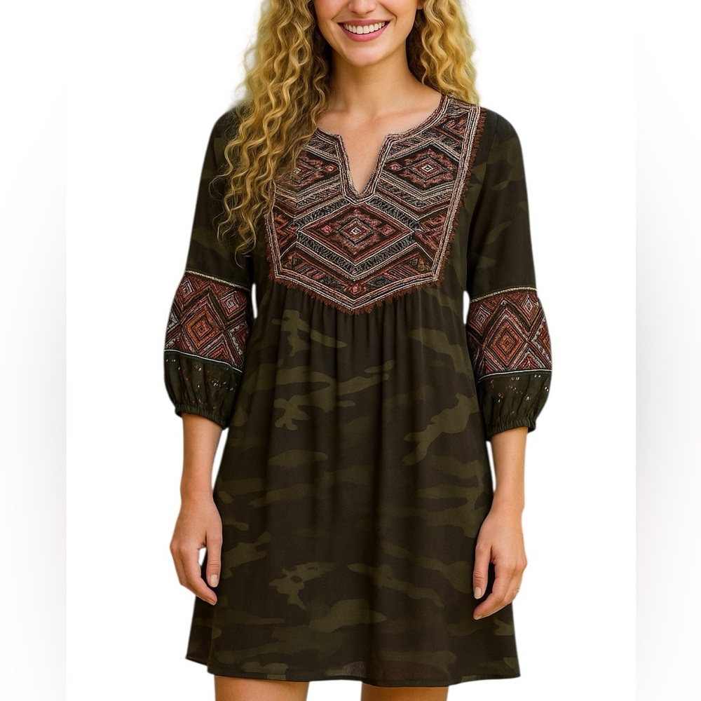 Johnny Was heavily emboldened Molly Jo Paris Silk Camo Dress